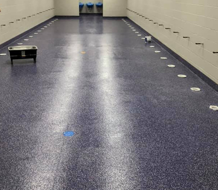 decorative flake epoxy floor installed by J&A Services for Chickasaw highschool by J&A services in Daphne, Fairhope Alabama